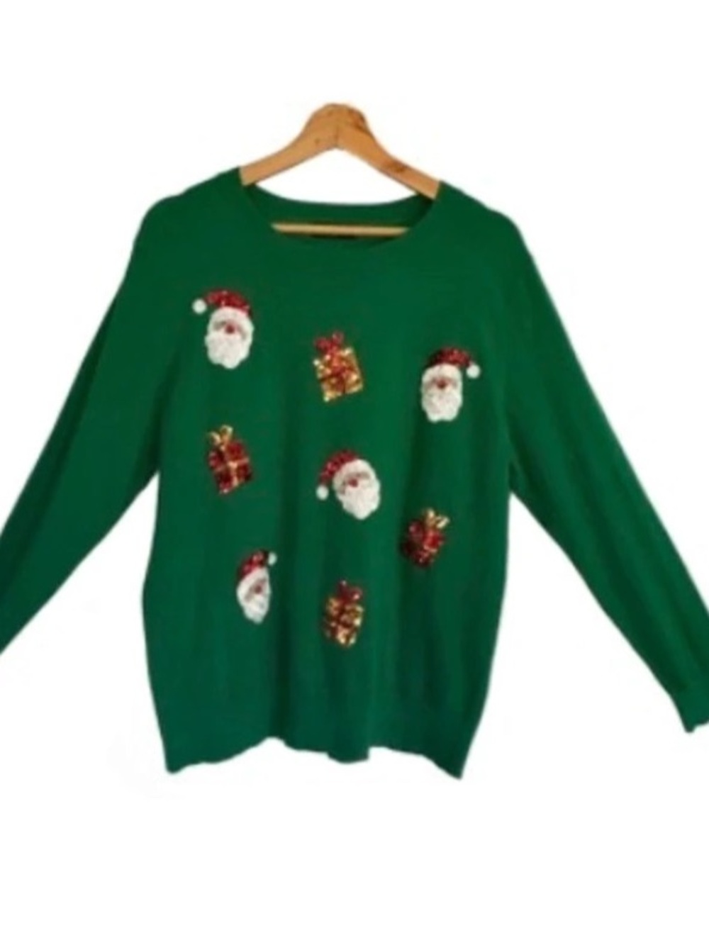 Victoria Harbour Embellished Santa Christmas Sweater in Green XL